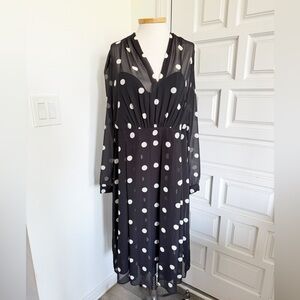 NWT Anne Klein Dress Black White Polka Dot Long Sleeve Semi-Sheet Size 16